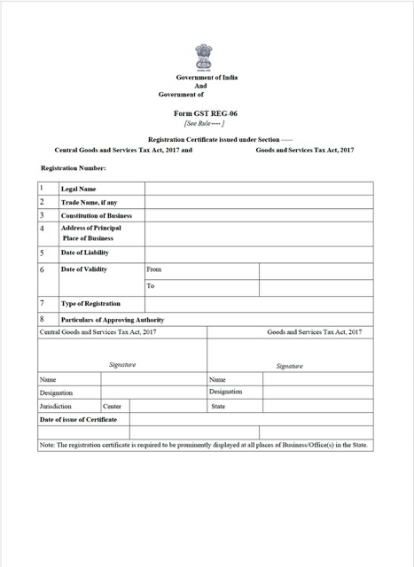 India certificate of GST registration Word and PDF template